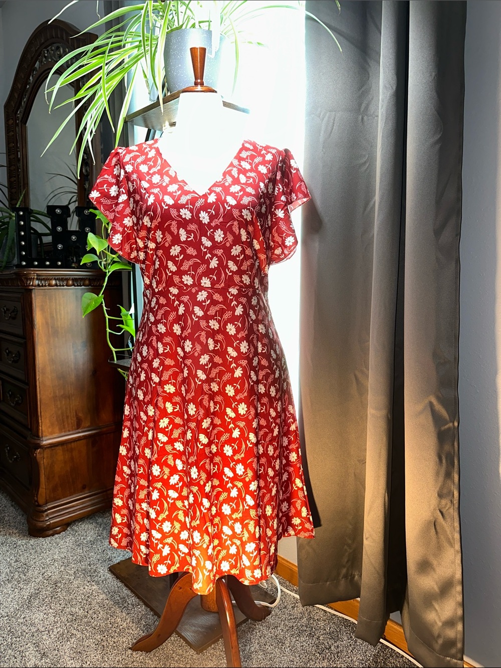 Red Floral V-Neck Midi Dress with Flutter Sleeves